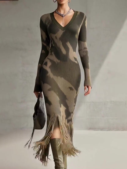 Camouflage Print Knit Midi Dress With Fringe Hem And V-Neck