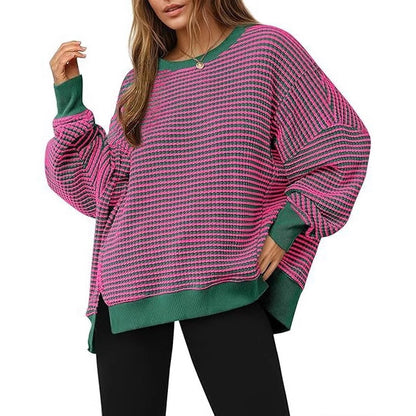 Waffle Knitted Long Sleeve Crew Neck Split Pullover Sweater