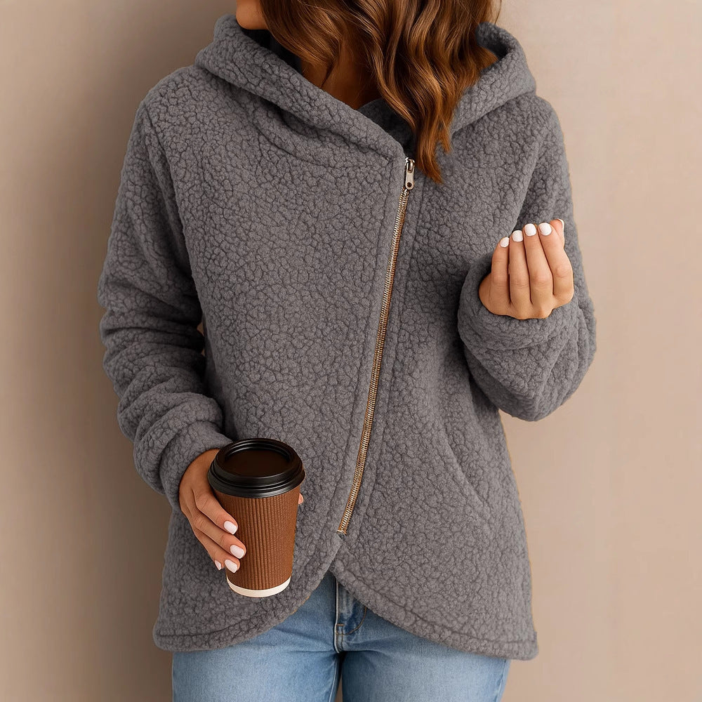 Casual Loose Lambswool Long Sleeve Zipper Hoodie Coat