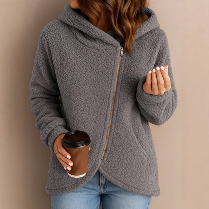 Casual Loose Lambswool Long Sleeve Zipper Hoodie Coat