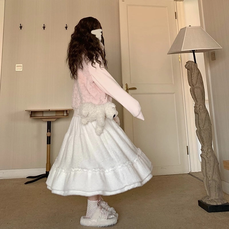 Plush Big Swing Mid-length High Waist Elastic Skirt