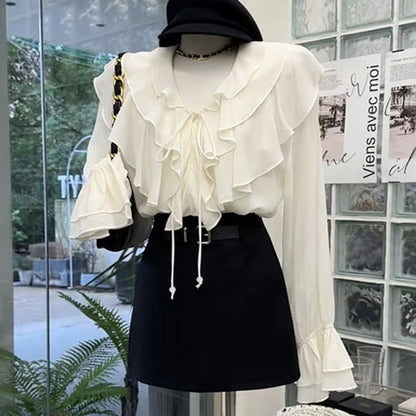 French Elegant Ruffled V-neck Long Sleeve Shirt Women