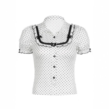 French Girl Bow Stitching Polka Dot Shirt