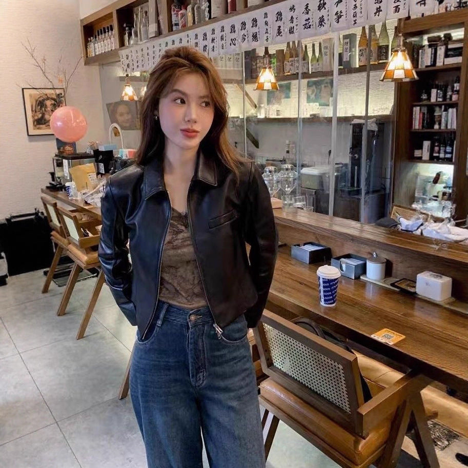 Women's Leather Top Lapel Short Fashion