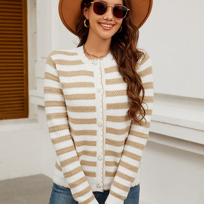 Women's Striped Sweater Button Knitted Cardigan