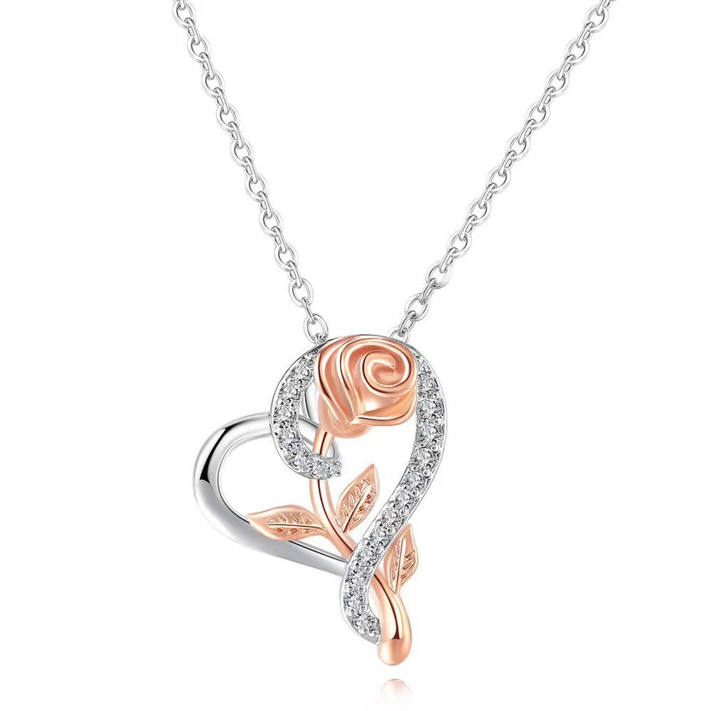 S925 Heart-Shaped Rose Necklace – European & American Style