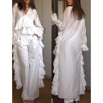 Women's Solid Long Sleeve Blouse, V Neck High Low Shirt With Irregular Ruffles, Asymmetrical Hem Office Party Tops