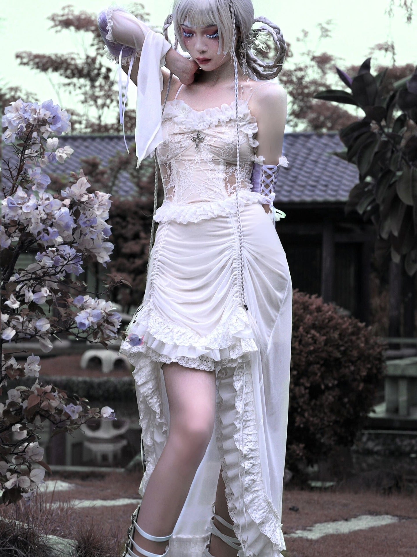God's Redemption Chinese Style White Gothic Drawstring Mesh Dark Strap Dress Summer