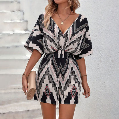 Women's Printed V-neck One-piece Sleeve Loose Jumpsuit