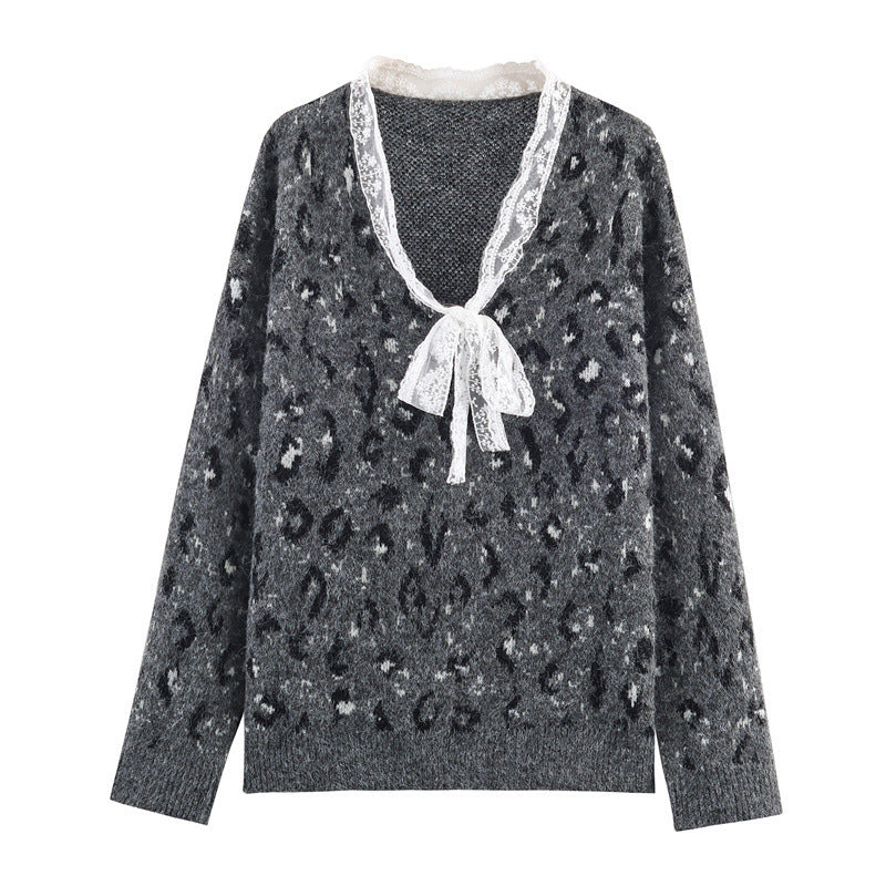 Women's Loose Ruffled Leopard Print Pullover Sweater