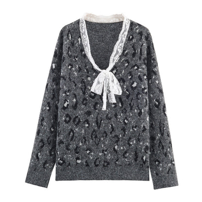 Women's Loose Ruffled Leopard Print Pullover Sweater