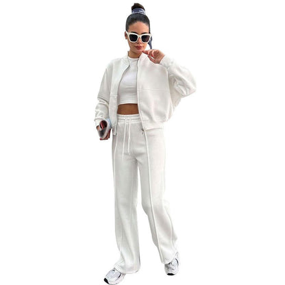 Fleece Zipper Cardigan Women's Clothes Fashion Casual Straight Pants Suit