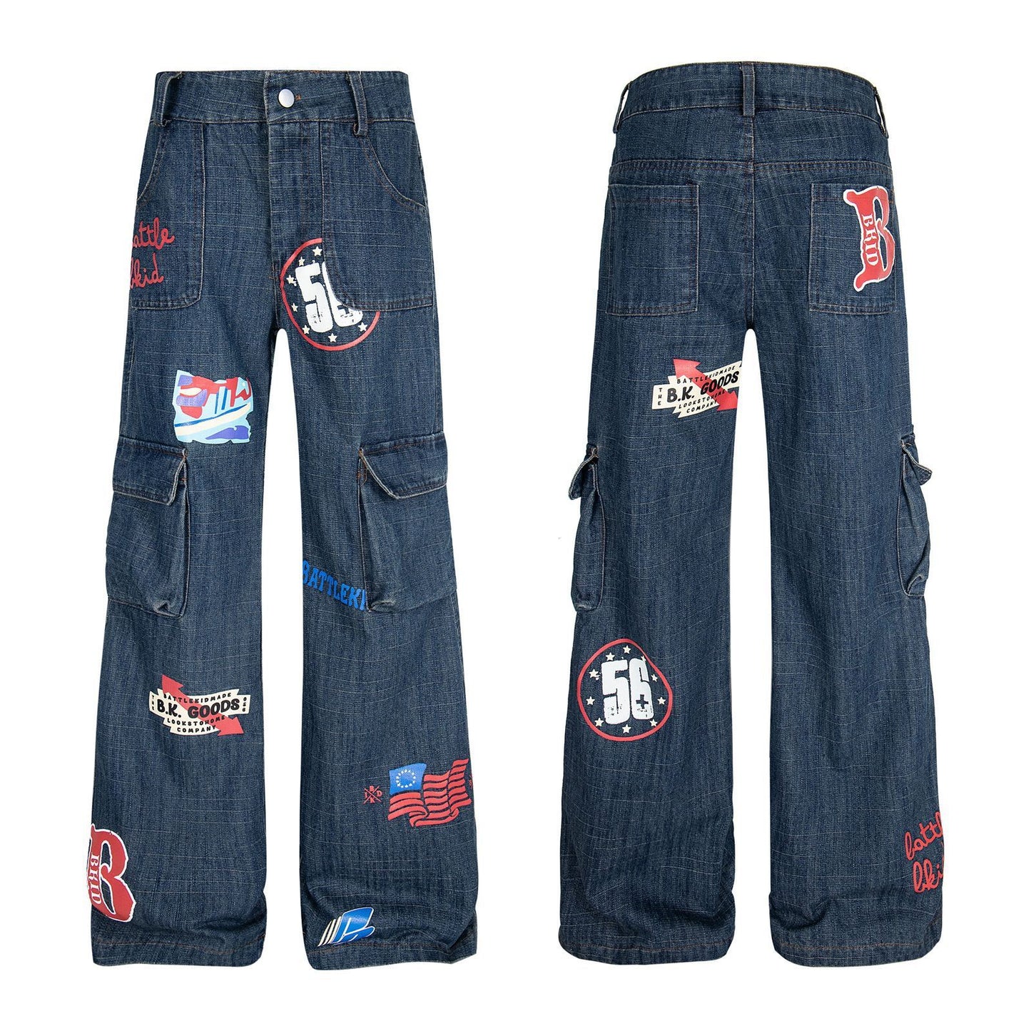 Pattern Dark Flower Funny Multi-pocket Loose And Idle Sense Jeans For Men And Women