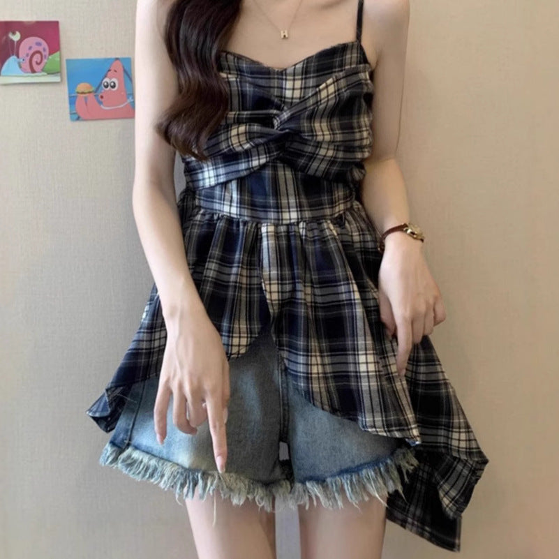 Dopamine Contrast Color Plaid Irregular Spaghetti-strap Vest