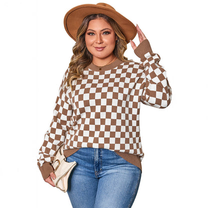 Women's Large Size Plaid Contrast Color Sweater