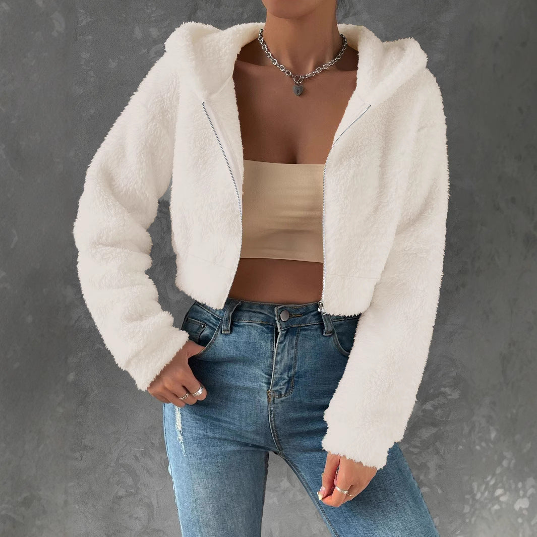 Women's Coat Fashion Casual Short Long Sleeve Hooded Fleece Shirt Solid Color