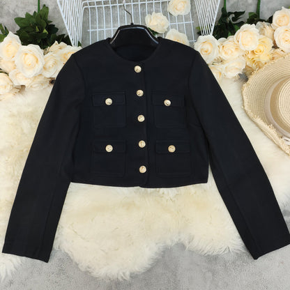 Women's Round Neck Pure Color All-matching Woolen Short Jacket