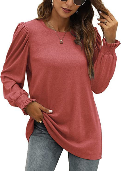 Round Neck Puff Sleeve Long Women's Clothing Top