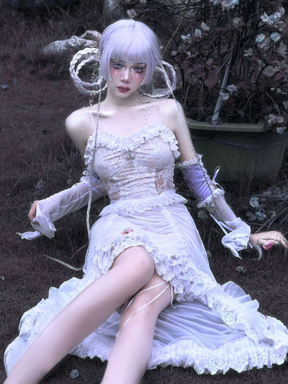 God's Redemption Chinese Style White Gothic Drawstring Mesh Dark Strap Dress Summer