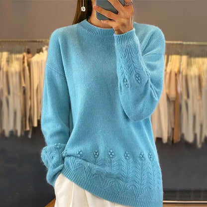 Women's Solid Color 3D Floral Embroidered Sweater, Loose Round Neck Long Sleeve Pullover For Autumn & Winter