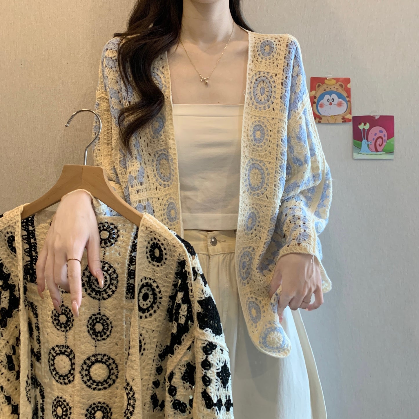 High-grade Crocheted Hollow-out Design Long-sleeved Knitted Cardigan