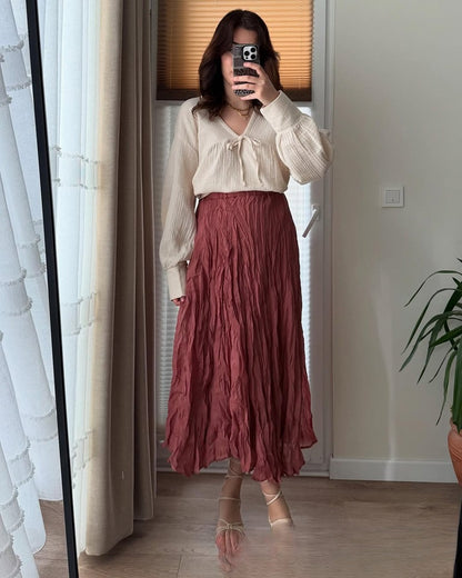 Pleated High Waist Gentle Beige Skirt