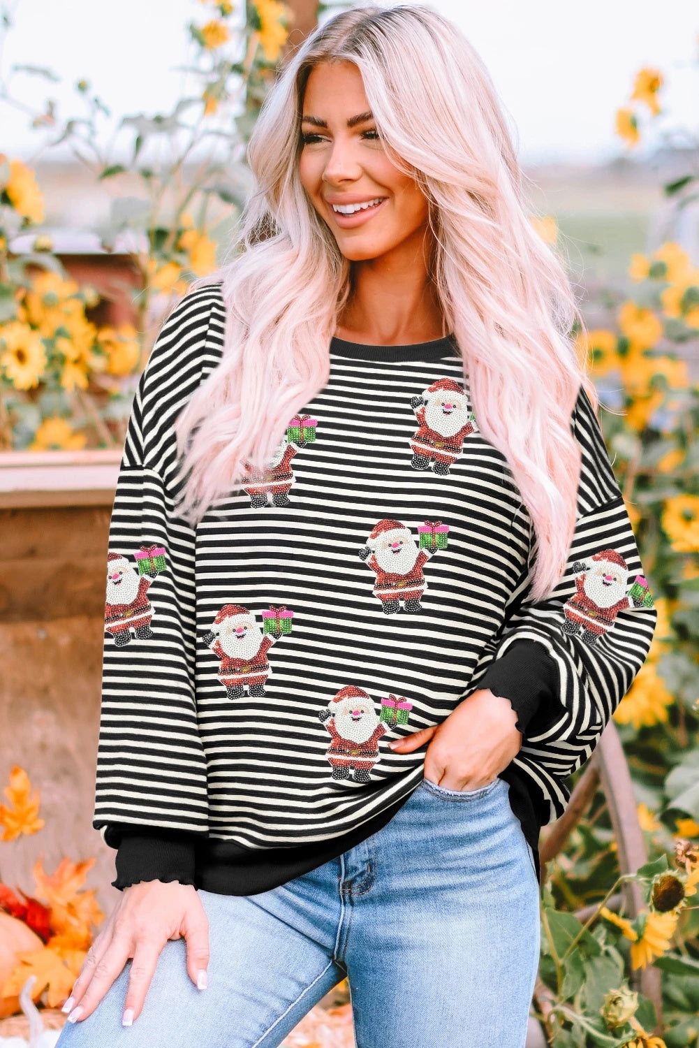 Striped Santa Claus Sequined Sweater For Women