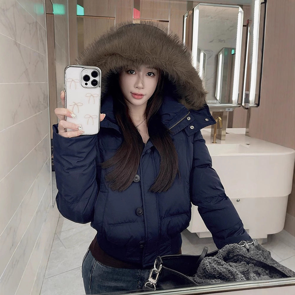 Big Fur Collar Hooded Short Down Jacket Women's Warm Jacket