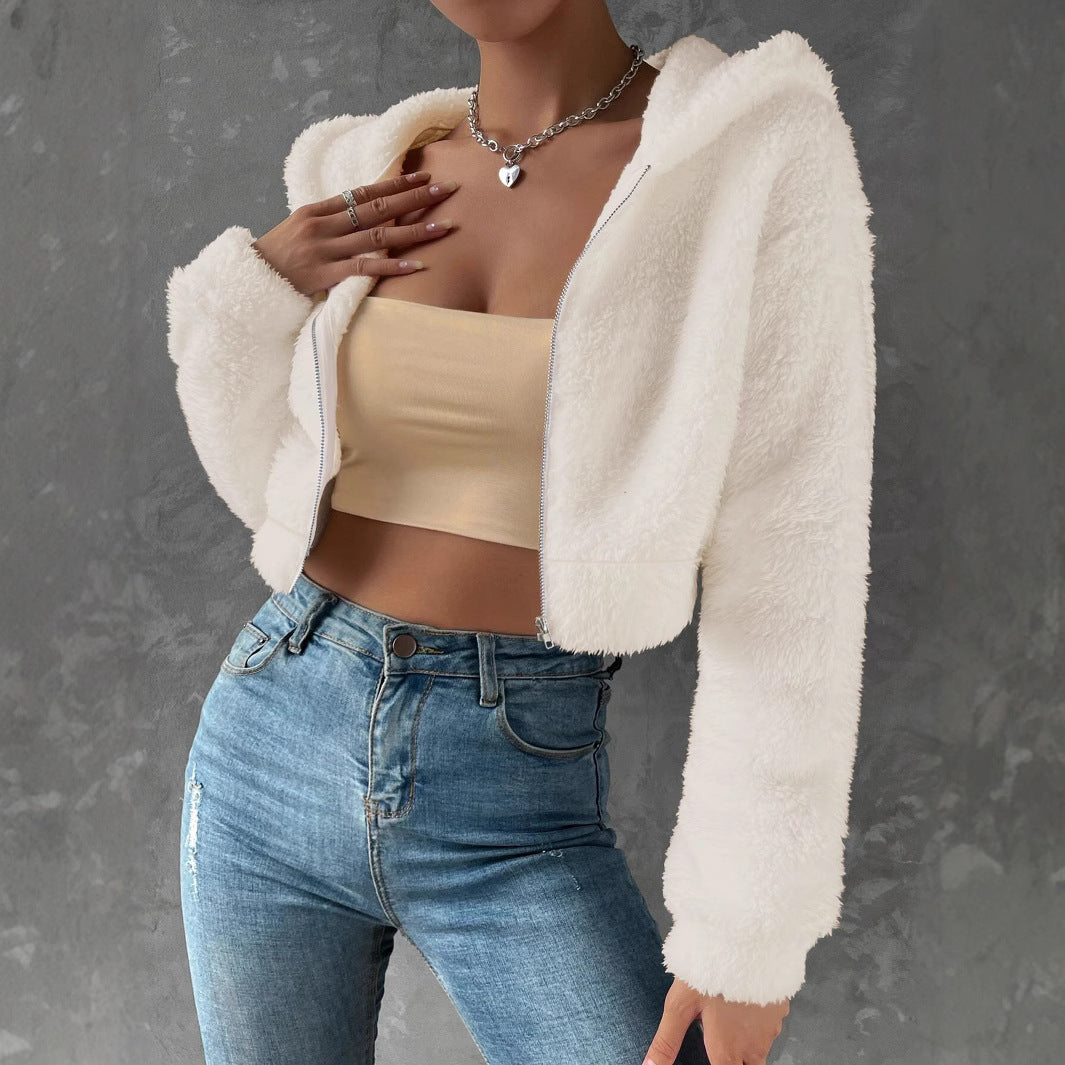 Women's Coat Fashion Casual Short Long Sleeve Hooded Fleece Shirt Solid Color