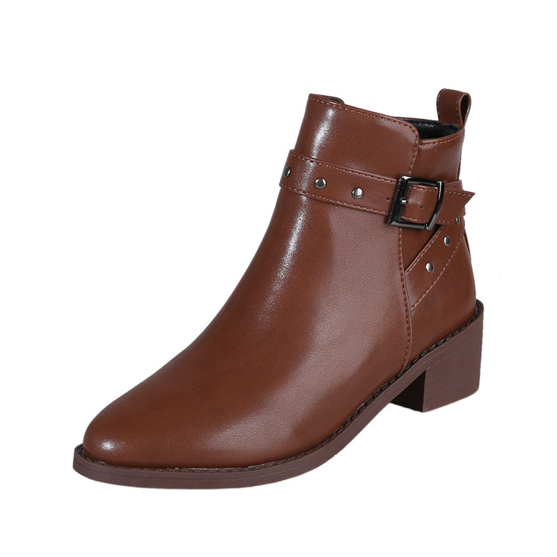 Retro Chunky Heel Studded Buckle Pointed Toe Martin Boots