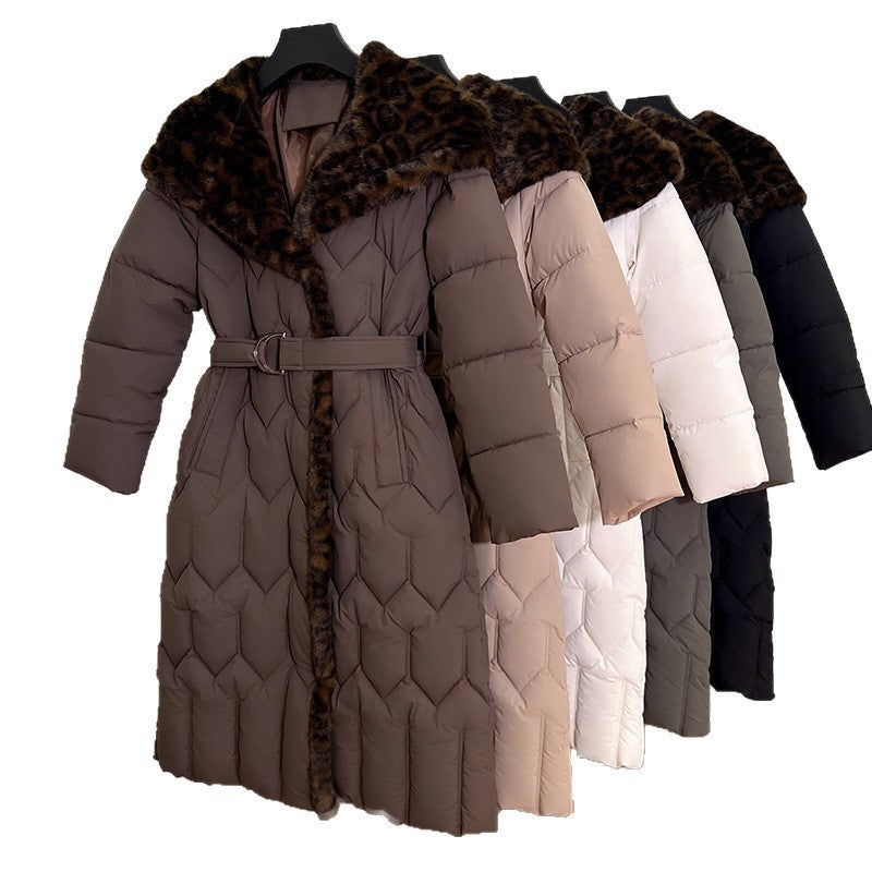 Stitching Overknee Long Slim-fit Belt Elegant Cotton-padded Jacket