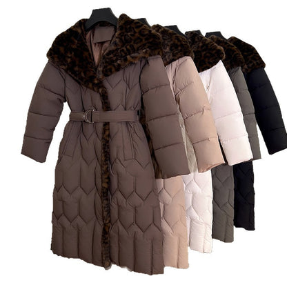 Stitching Overknee Long Slim-fit Belt Elegant Cotton-padded Jacket