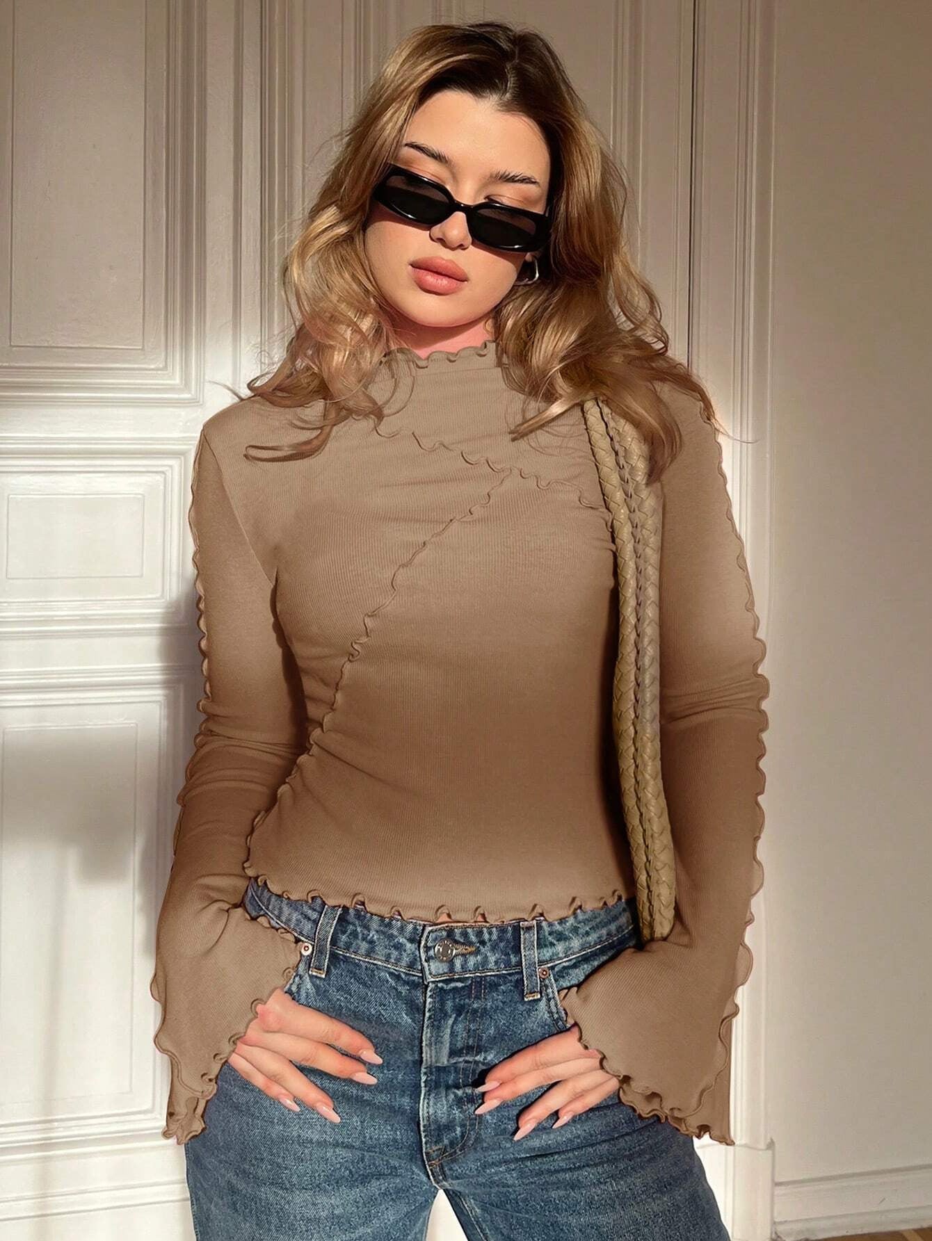 Asymmetric Turtleneck Flared Sleeves Long Sleeves