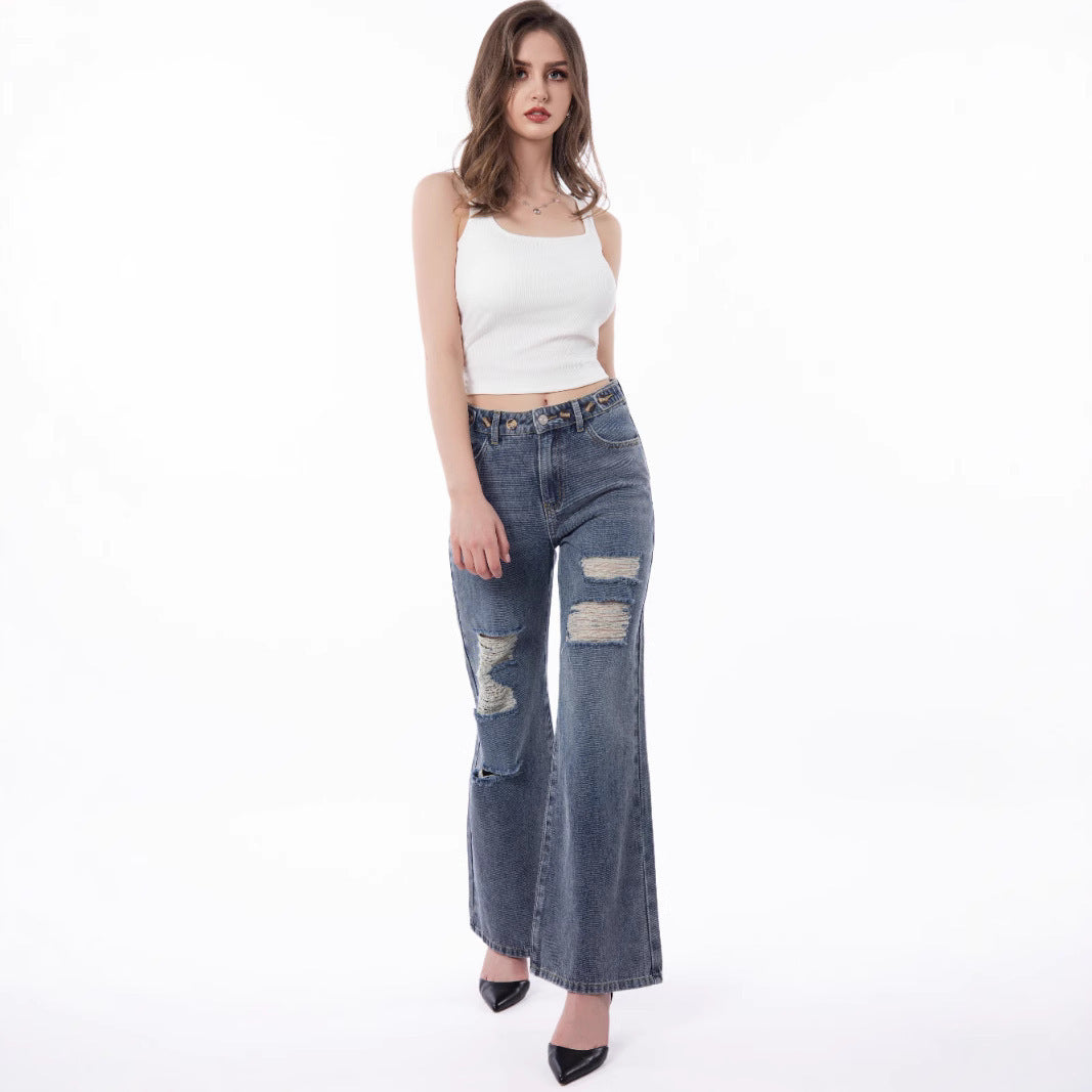 Women's Retro Large Size Worn Wide-leg Jeans