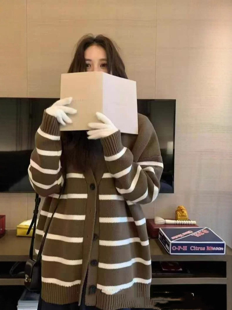 Striped Knitted Cardigan Women's Loose