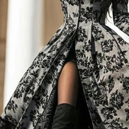 Women's Autumn Winter Long Sleeve Lace Trim Floral Print Vintage Long Trench Coat