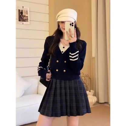 Long Sleeve College Style Fake Two-piece Cardigan Sweater