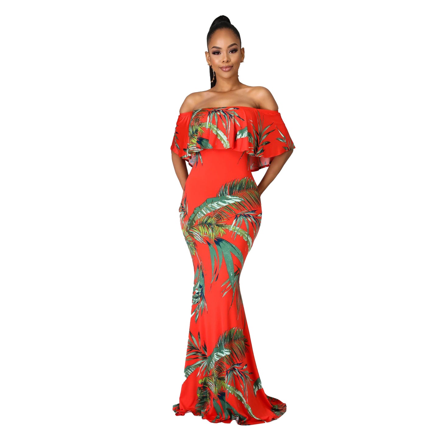 Fashion Digital Printing Off-neck Tube Top Dress