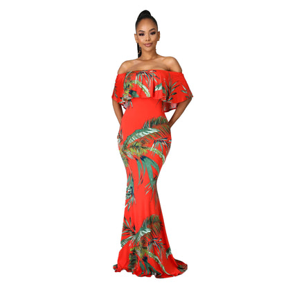 Fashion Digital Printing Off-neck Tube Top Dress