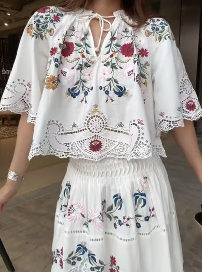 Embroidered Floral Hollow Out Tied Loose Round Neck Puff Sleeve Top