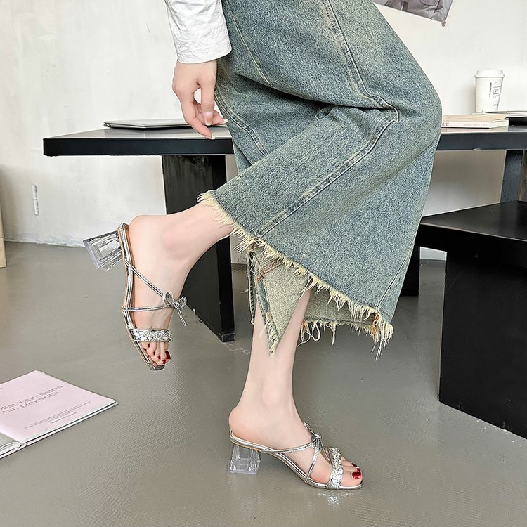 Square Bow Water Diamond Sandals With Exquisite Fairy Style French Temperament, Cool Slippers