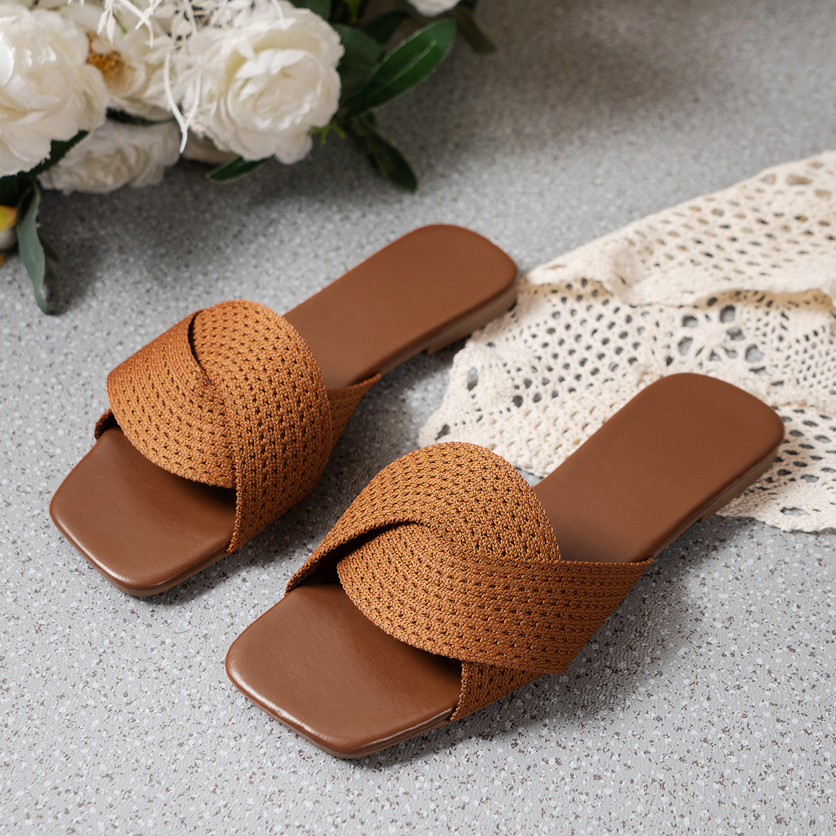 Summer Cross-Strap Square-Toe Flat-Heel Beach Slippers For Women