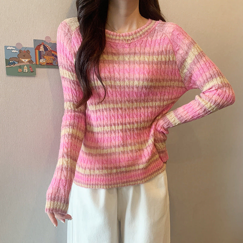 Striped Round Neck Pullover Sweater For Women