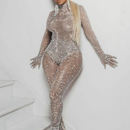 Cross Diamond Stretch Tight Jumpsuit European And American Bar DS Costume Dance