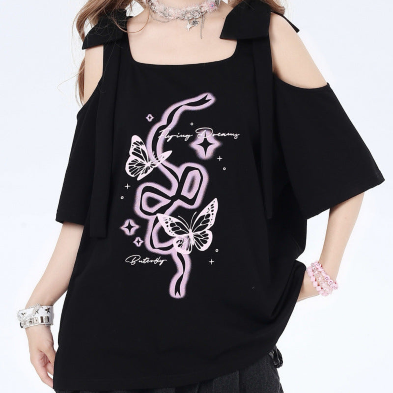 Women's Off-the-shoulder Bow Printed Short Sleeve