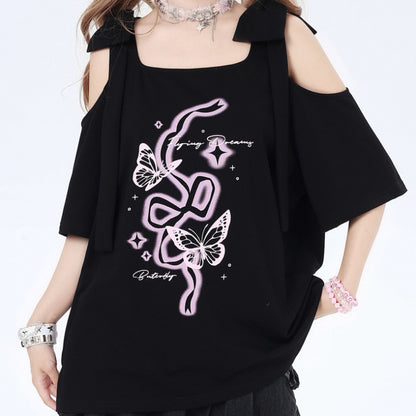 Women's Off-the-shoulder Bow Printed Short Sleeve