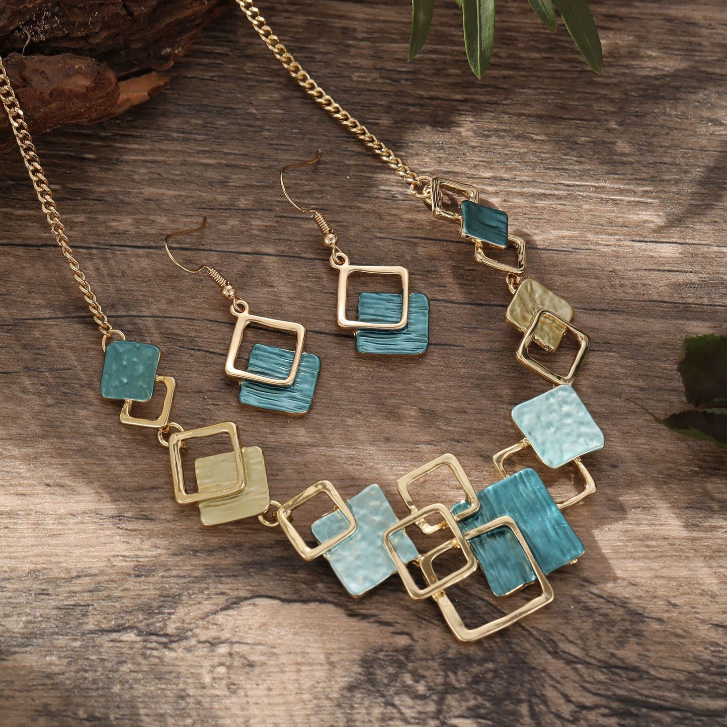Colorful Geometric Square Jewelry Set – Earrings, Bracelet & Necklace