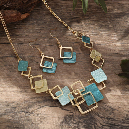 Colorful Geometric Square Jewelry Set – Earrings, Bracelet & Necklace