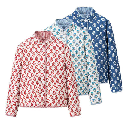 Women's Stand Collar Printed Reversible Cotton Coat Coat