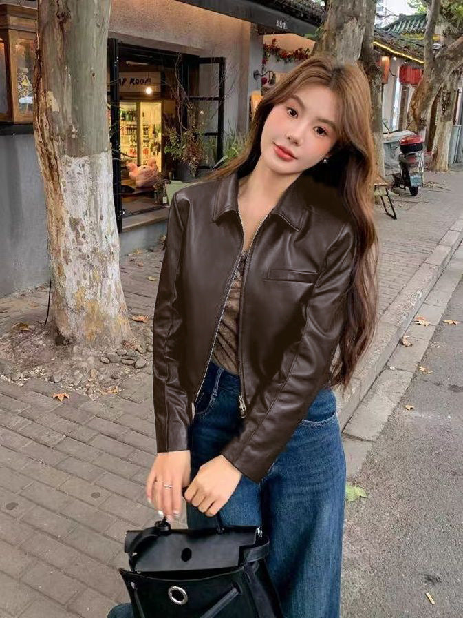 Women's Leather Top Lapel Short Fashion
